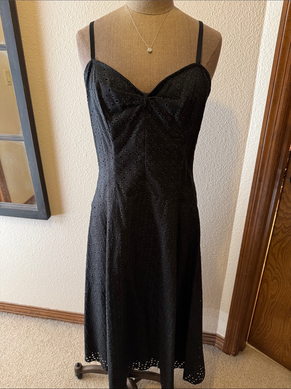 Betsey Johnson Black Eyelet Midi Dress with Sweetheart Neckline